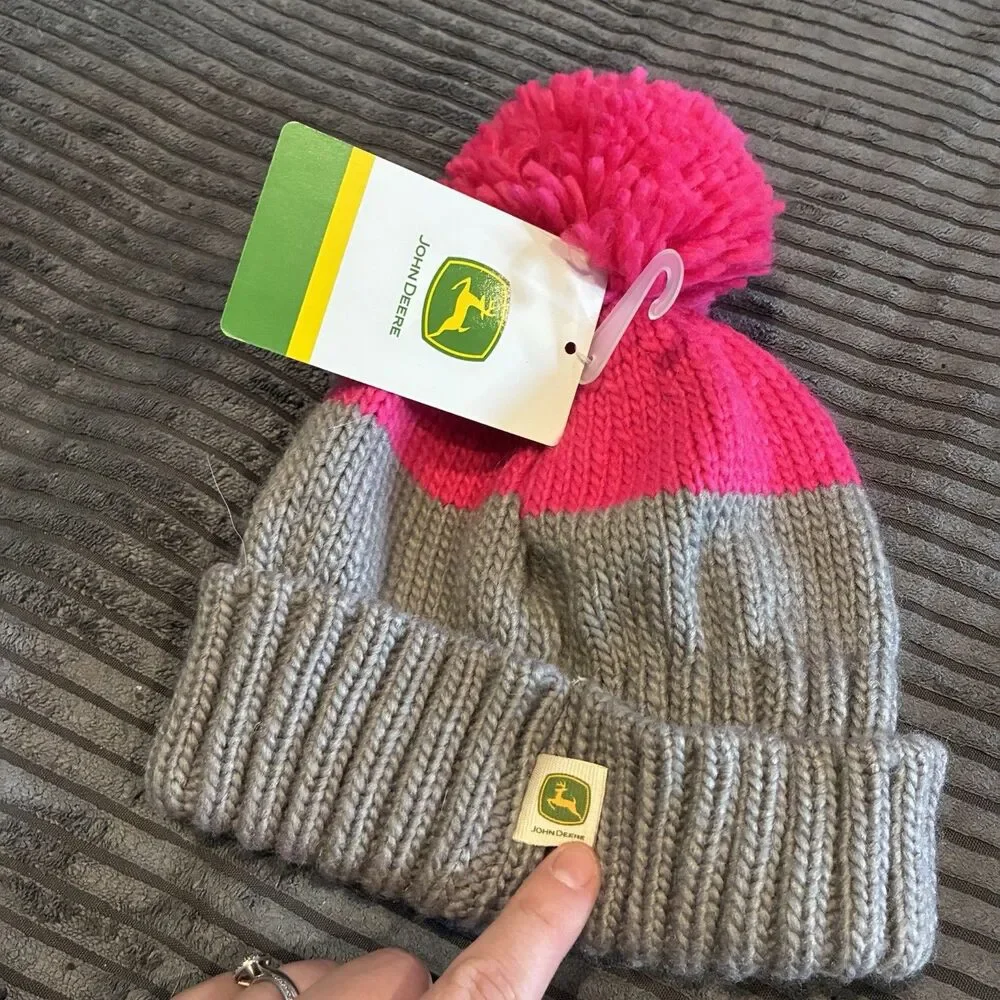 John Deere Toddler Girls Winter Knit Pom Hat Pink & Grey Horse One Size New